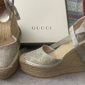 BNIB Gucci espadrilles. Silver with GG monogram.